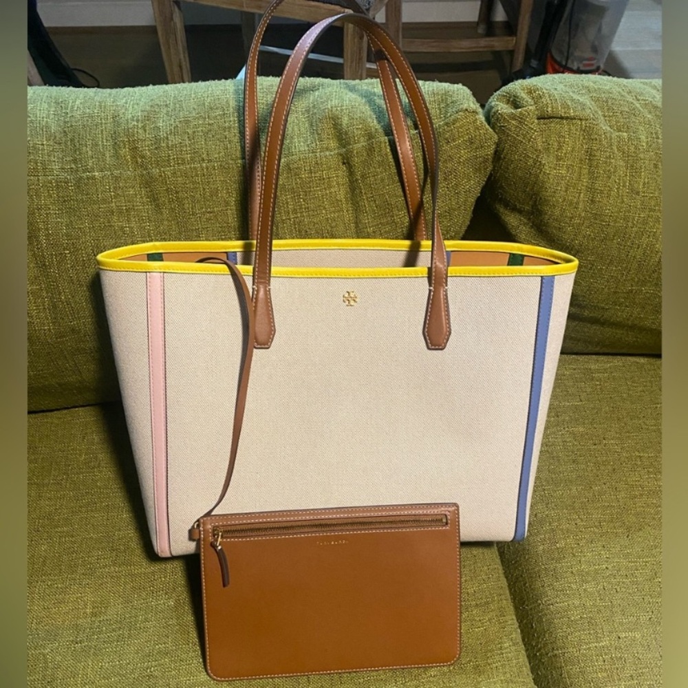 Like New Tory Burch Large Blake Color Block Tote Purse Bag w Extra Leather Pouch